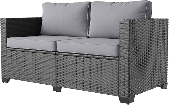 Aoxun 1 Piece Loveseats Patio Furniture Set, Wicker Outdoor Furniture Conversation Set with 4" Thick Cushions for Deck Yard and Poolside Grey
