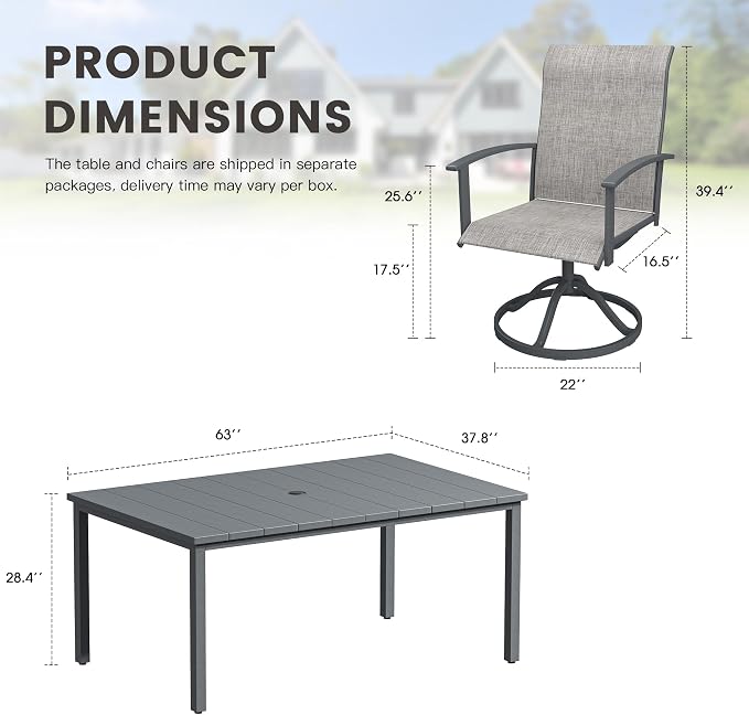 7 Pieces Patio Dining Set, Outdoor Furniture of 63" Rectangular Patio Table and Patio Swivel Chairs for Backyard Lawn Garden, Dark Grey Table and Grey Chairs