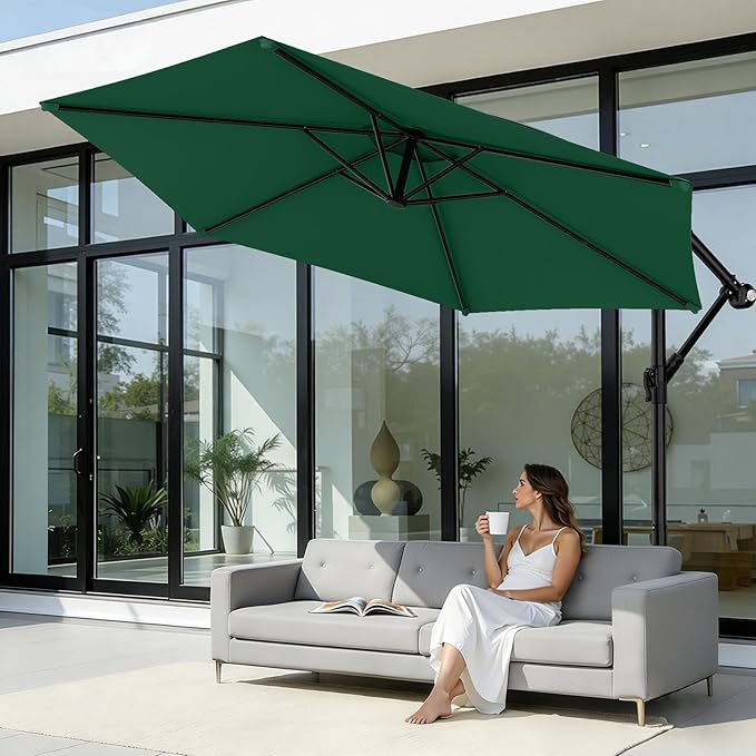 AreShark 10FT Patio Outdoor Umbrella, Offset Patio Umbrella Cantilever Umbrella, 6 Sturdy Ribs, Easy Adjustment for Garden Market Pool with Cross Base (Dark Green)