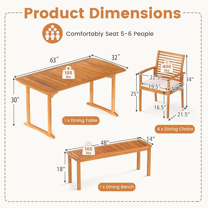 Tangkula 6 Pieces Outdoor Acacia Wood Dining Set, Rectangle Patio Dining Table with Umbrella Hole and 4 Cushioned Chairs and Bench, for Backyard Garden Poolside Deck