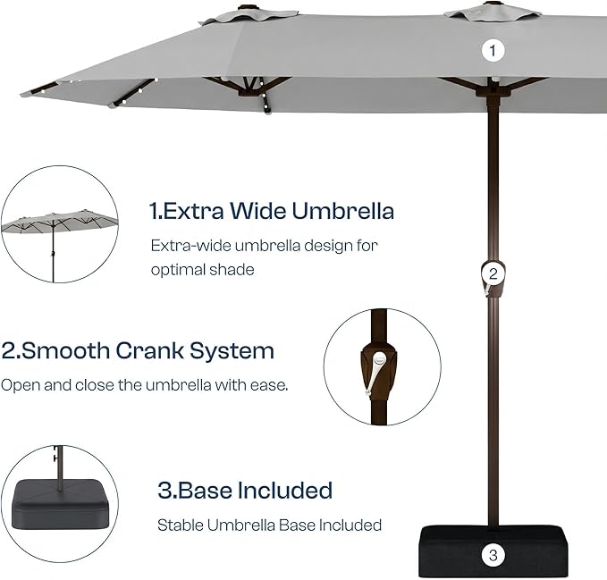 15FT Patio Umbrella with Solar Lights, Double-Sided Extra Large Outdoor Table Umbrella with Base Included, Heavy-Duty 12 Iron Ribs Market Umbrella for Garden, Pool, Backyard, Light Gray