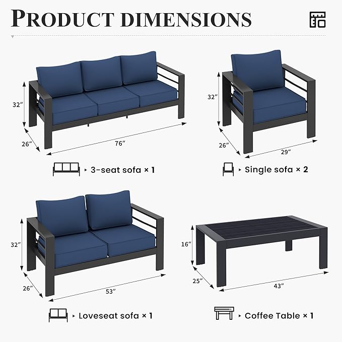 Aluminum Patio Furniture,Outdoor Metal Sectional Sofa with Table and Waterproof Covers,Grey and Blue Modern Patio Furniture Set for Garden Backyard (8-Piece)