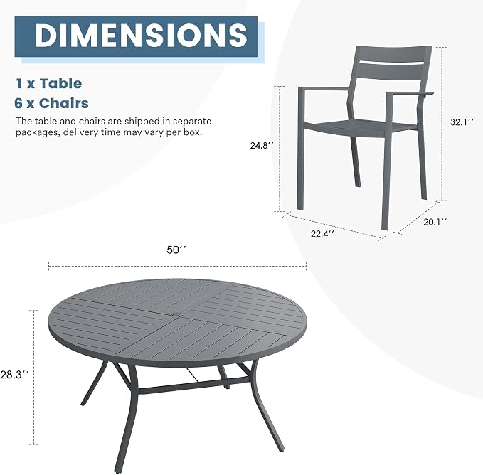 DIFY 7 Piece Outdoor Patio Dining Set for 6, 50" Round Dining Table with Umbrella Hole and Stackable Metal Chairs, Patio Table and Chairs Set for Backyard Garden Poolside, Grey