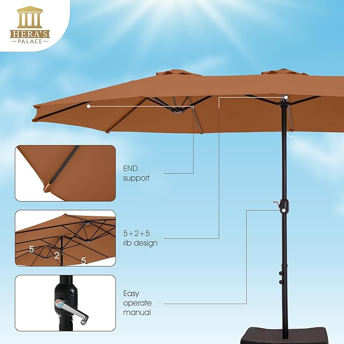 HERA'S PALACE Umbrella Patio Outdoor with Base 15ft Rectangle Table Double Market Heavy Duty Umbrellas Clearance Large Included Stand for Deck Outside Pool Yard Inground Commercial, Tawny