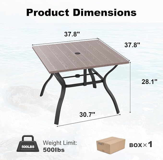 37.8'' Outdoor Dining Table for 4, Black Metal Patio Dining Table with 1.97'' Umbrella Hole,Anti-Rust Waterproof Square Table for Porch Deck Poolside Garden Backyard