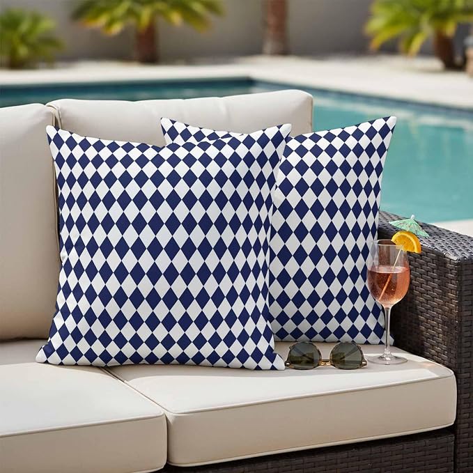 Outdoor Throw Pillow Cover Modern Geometric Buffalo Plaid Waterproof Cushion Covers 2 Pack Abstract Blue White Diamond Pillow Cases Home Decoration for Patio Garden Couch Sofa