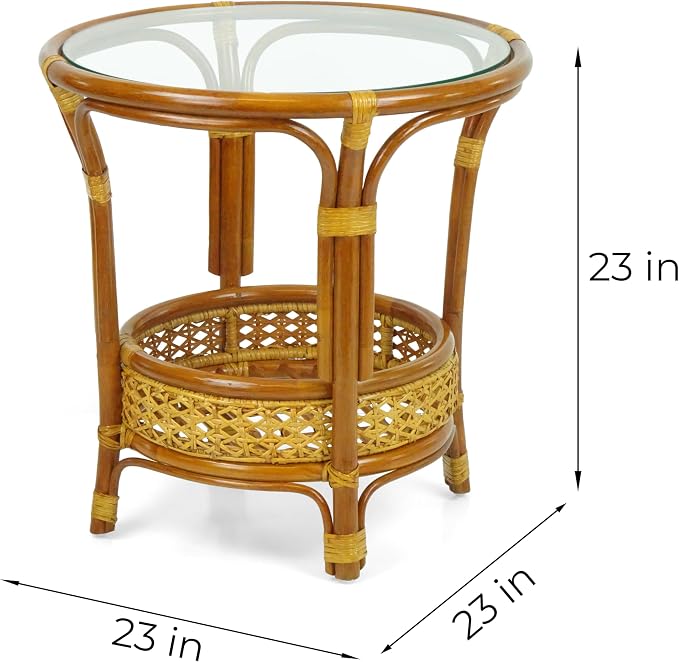 Malibu Handmade Natural Rattan Living Room Set of 2 Rocking Lounge Chairs and Round Coffee Table with Glass, Colonial Color, Cream Cushions