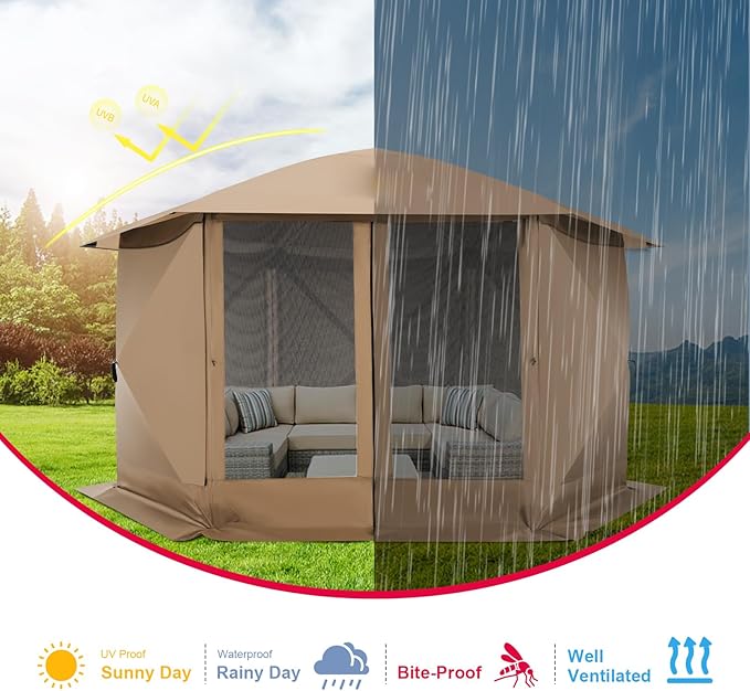 COBIZI 12x12 FT Pop Up Canopy Extendable Tent, Gazebos On Clearance with Removable Roof, Screened in Gazebo with sidewalls, Screen Tents Portable carpas para Patio for Outdoor Camping,Backyard,Khaki
