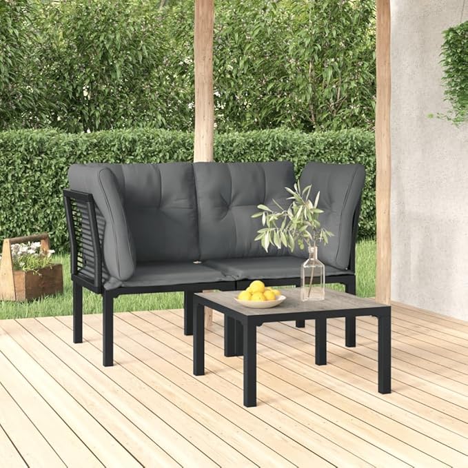 3 Piece Patio Lounge Set Black and Gray Poly Rattan, Outdoor Patio Sectional, Outdoor Sofa Set, Furniture Conversation Sets, Outdoor Porch Furniture for Balcony, Yard