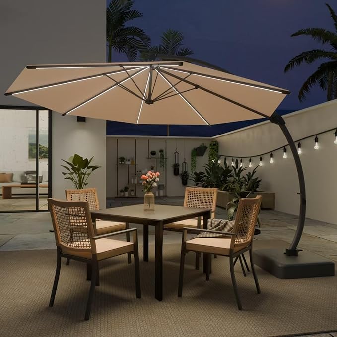 Kingdura 11ft Offset Cantilever Patio Umbrella with Solar Lights, Large Round Outdoor Umbrella with Base Included, Aluminum Frame, 360° Rotation & Infinite Tilt for Deck Pool Backyard, Champagne
