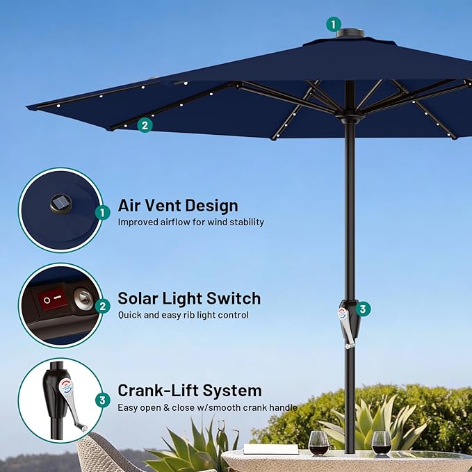 AreShark 12FT Large Patio Umbrella with Solar Lights, Solar Powered Outdoor Umbrella with Crank, Patio Table Market Umbrellas for Garden, Deck, Backyard, Pool and Beach, Navy