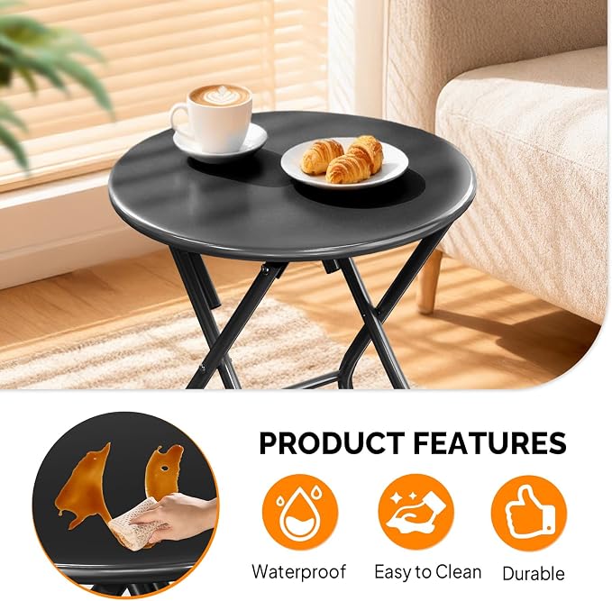 VINGLI Patio Metal Folding Side Table, Portable Small Outdoor Folding Round Table, Perfect for Indoor and Outdoor Spaces Like Balconies, Backyards, Porches, and Patios.Black（1 Pack）