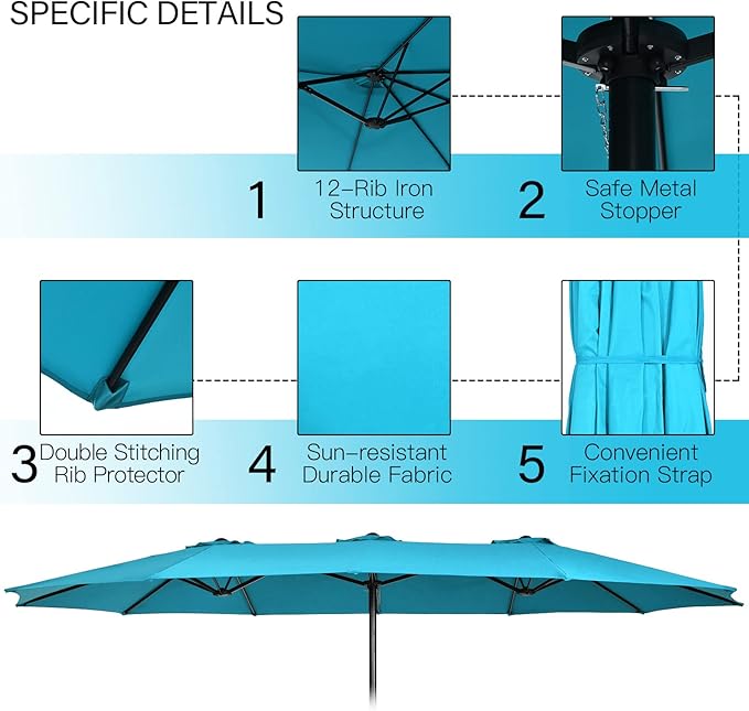 Tangkula 15FT Double-Sided Patio Umbrella with Base, Extra-Large Market Umbrella W/Crank System, Outdoor Twin Umbrella W/ 12-Rib Metal Structure & Air Vents for Garden, Backyard, Poolside (Turquoise)