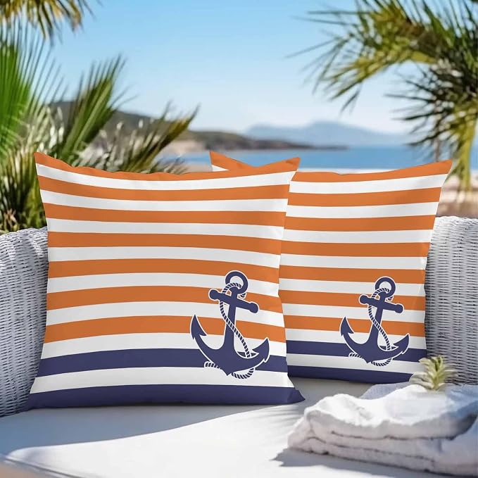 Throw Pillow Covers 24x24 Inch Set of 2, Anchor Orange Waterproof Outdoor Cushion Covers, Modern Navy Blue White Striped Nautical Decorative Pillowcases for Couch, Sofa, Bed, Garden, Patio