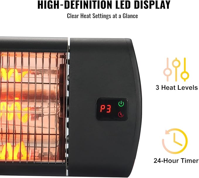 VEVOR Infrared Heater, 1500W Remote Control Electric Space Heater, LED Screen Patio Heater w/ 3 Speeds & Timer, Outdoor/Outdoor for Porch,Dining Room,Studio, with Stand & Mount to Ceiling/Wall,24 in L
