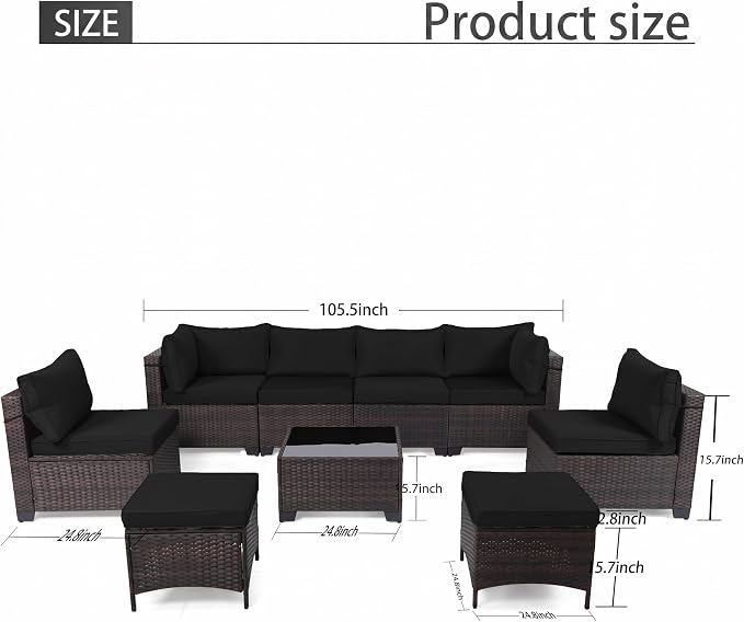 CHABATREE 7-Piece Outdoor Patio Furniture Sets, Manual Weaving Rattan Conversation Sectional Sofa with Tempered Glass Coffee Table, All-Weather PE Wicker & Thick Cushions for Garden, Backyard, Porch