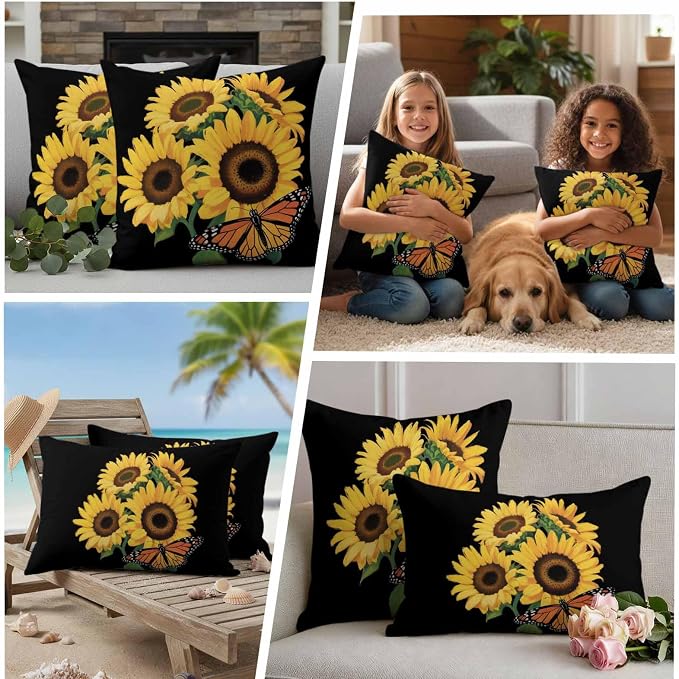 Outdoor Waterproof Throw Pillow Covers Set of 2 Watercolor Sunflower Pillowcases 18x18 Inches Summer Floral Butterfly Decorative Pillows Cushion Case Patio Pillows for Couch Bed Chair Garden