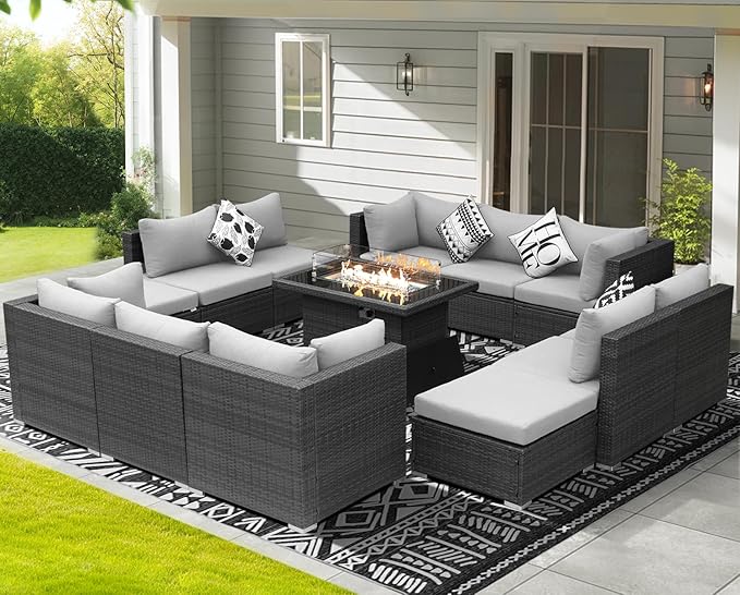 NICESOUL 13 Piece Patio Furniture w/Fireplace, Elegant Outdoor Seating w/Firepit, XL Size 29.3'' High Back Sectional Sofa, All-Weather Rattan Deck Couch, Modular Sturdy Conversation Set, Light Gray