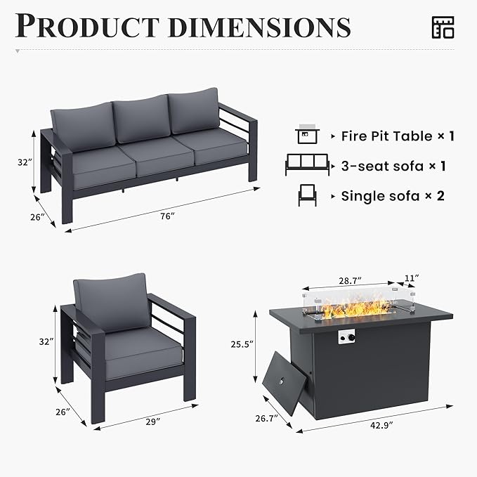 Patio Furniture Set with Fire Pit Table, Aluminum Patio Furniture Set,Grey Outdoor Metal Sectional Sofa with Aluminum Fire Pit Table for Garden Backyard (Include Waterproof Cover)