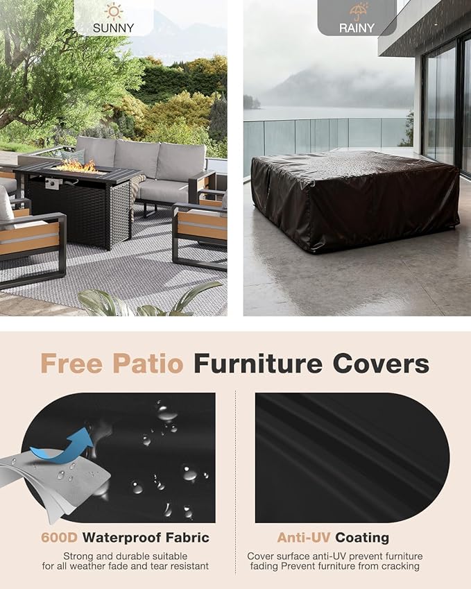 Aoxun Aluminum Patio Furniture Set with Fire Pit Table, 7 Seats Luxury Outdoor Sectional with 6" Olefin Fabric Cushions, Patio Conversation Sets with Waterproof Cover for Backyard, Porch Light Grey