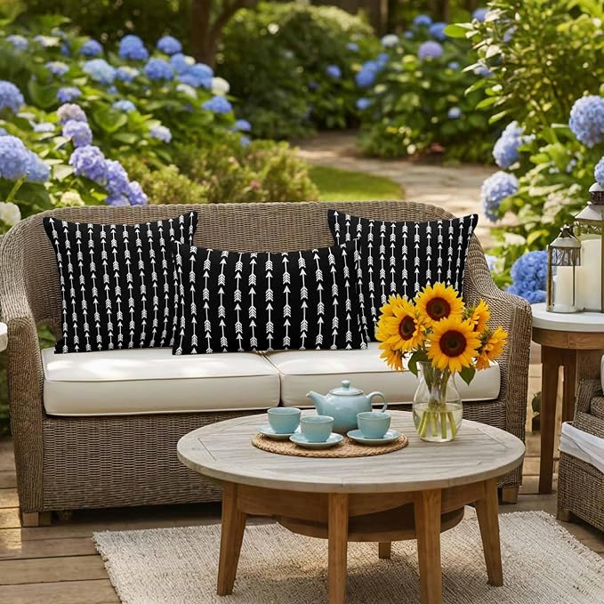 Arrow Outdoor Pillow Covers 20"x12" Set of 2, Abstract Rustic Western Tribal Geometric Arrow Black Waterproof Throw Pillow Covers for Patio Furniture, Decorative Cushion Covers for Porch