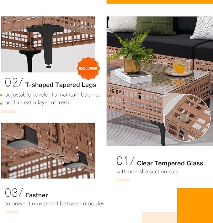 Patiorama 7 Piece Wicker Patio Furniture Set, Natural-Colored PE Rattan Outdoor Conversation Set Sectional Sofa with Water Resistant Cushion and Glass Table, Outdoor Couch, Porch, Backyard-Black
