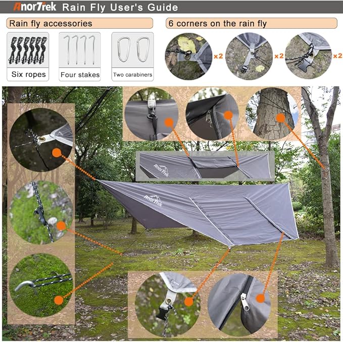 Camping Hammock with Mosquito Net and Rain Fly Tarp, Portable Double Hammock with Two Tree Straps, 230T Nylon Hammock and Waterproof Rain Fly Set for Hiking, Backpacking, Overnight (Blue)