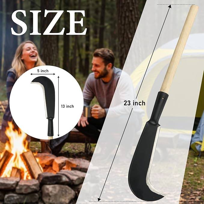 Sickle Garden Tool, Heavy Duty Carbon Steel Billhook Machete for Cutting Trees, Hand Grass Weeding Brush Clearing Sickle Knife with Wooden Handle Sharp Blade Portable for Yard Work Camping Farming