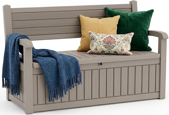 Storage Bench Outdoor Deck Box,100 Gallon Waterproof & UV Resistant Lockable Patio Furniture Seating.Indoor/Outdoor Shoe Storage Cabinet for Garden Cushions,Tools,Patio,Pool Supplies(Taupe)