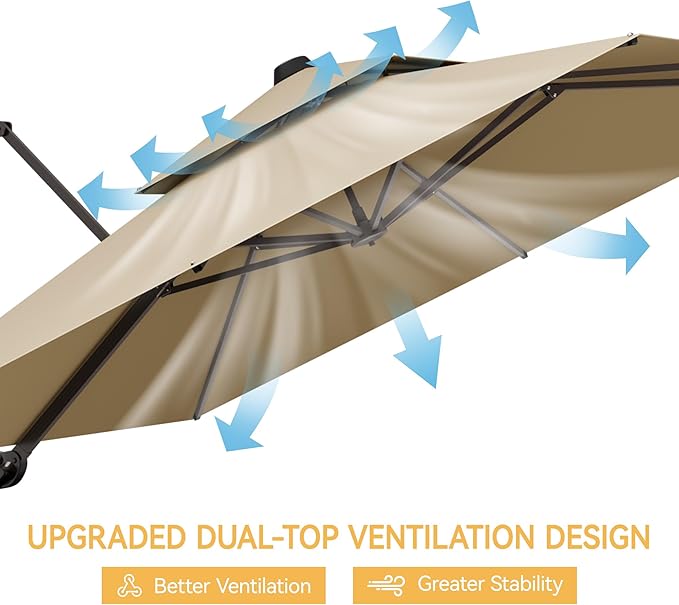 10x10 FT Patio Umbrella with Base, Large Cantilever Double Top Heavy Duty Offset Umbrellas with 360° Rotation, Outdoor shade for Garden Deck Pool, Beige