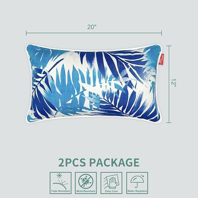 Pack of 2 Outdoor Lumbar Pillows,20x12 Inch All-Weather Water-Resistant Patio Pillows with Inserts, Decorative Pillows for Patio Furniture,Couch,Sofa,Poolside,Blue Leaf