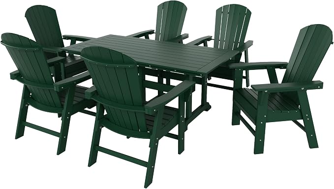 WestinTrends Dylan Adirondack Outdoor Dining Set for 6, All Weather Poly Lumber Patio Table and Chairs Set of 6, 71" Trestle Outdoor Table and Seashell Adirondack Dining Chair, Dark Green