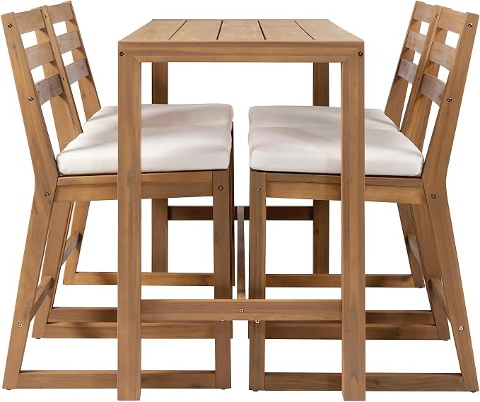 5-Piece Outdoor Patio Counter Height Dining Set, Acacia Wood Bar Table and Ergonomic Chairs with Removable Cushion, All-Weather Bistro Set Conversation Set with Slatted Tabletop (Light Teak-2.10)