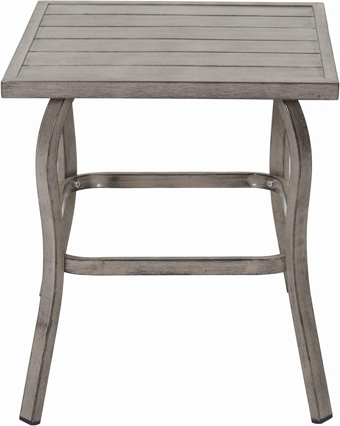 Side Coffee End Accent Patio Garden Outdoor Indoor Iron Square Metal Table, Powder Coated Finish, Painted Slatted Top, Curved Legs, Living Room Bedroom Balcony Entryway Furniture Decor (Grey)