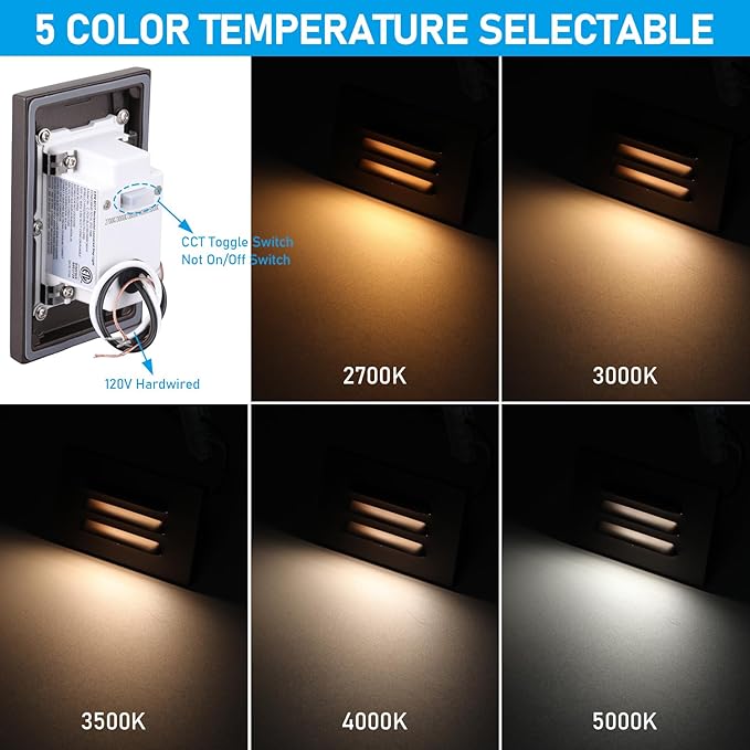 LEONLITE 12-Pack 5CCT 120V LED Step Lights, 3.5W Dimmable Horizontal Louvered Stair Lights Indoor Outdoor, Wet Location, CRI90, ETL, 2700K/3000K/3500K/4000K/5000K, Aluminum, Oil Rubbed Bronze
