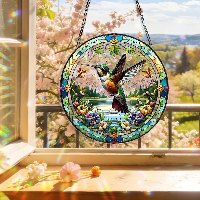 Acrylic Suncatcher Window Hanging, Hummingbird Sun Catcher Rainbow Indoor Window Decoration for Living Room Bedroom, Summer Home Balcony Ornaments Deco, 7.87 x 7.87 inches (141 Hummingbird)
