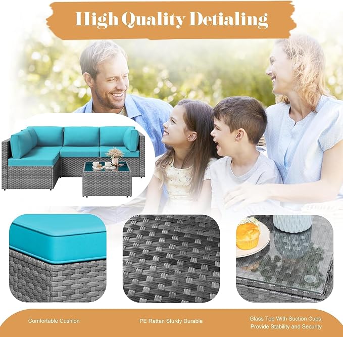 JAMFLY 5-Piece Patio Furniture Set, All-Weather Wicker Outdoor Sectional Sofa with Soft Cushions, Modular Conversation Set for Backyard, Deck, Garden & Poolside(Blue Cushion)