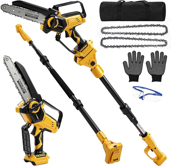 2-in-1 8 Inch Electric Pole Saw for Dewalt 20V MAX Battery, Brushless Cordless Mini Chainsaw with Extension Pole & 3 Chains, Auto Oiler, 14.5 FT Max Reach for Tree Trimming Branch Cutting (No Battery)
