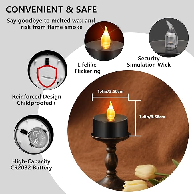 Tea Lights Battery Operated Candles LED Tea Lights Flameless Candles 200+ Hours Flickering Fake Tealights for Halloween, Christmas Home Table Decor(Black, 24 Pack)