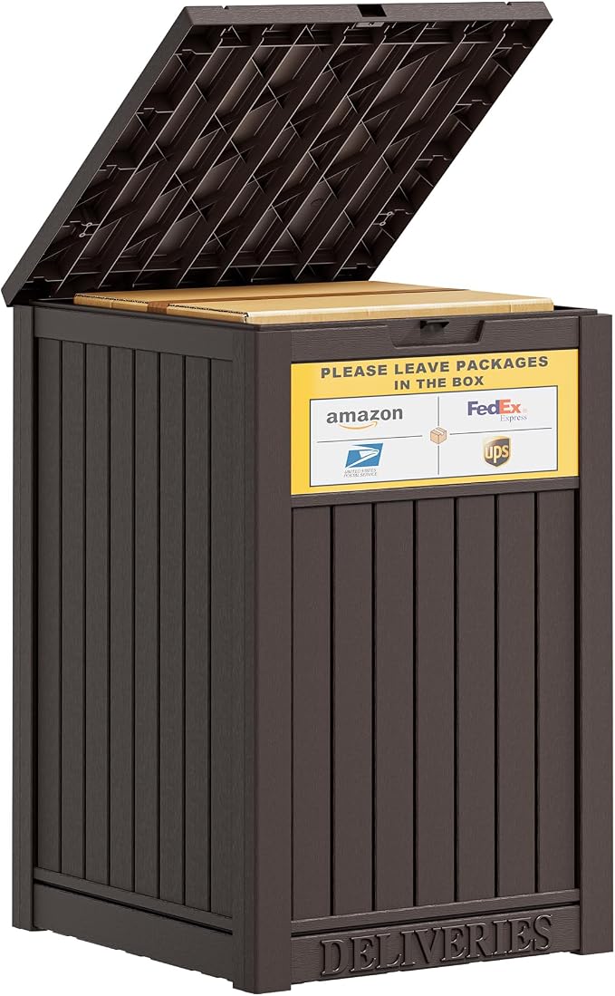Package Delivery Box for Outside With Sign, Lockable Outdoor Storage Box Waterproof Deck Box, Large Double Wall Resin Parcel Drop Boxes, 48 Gallon, Classic Brown