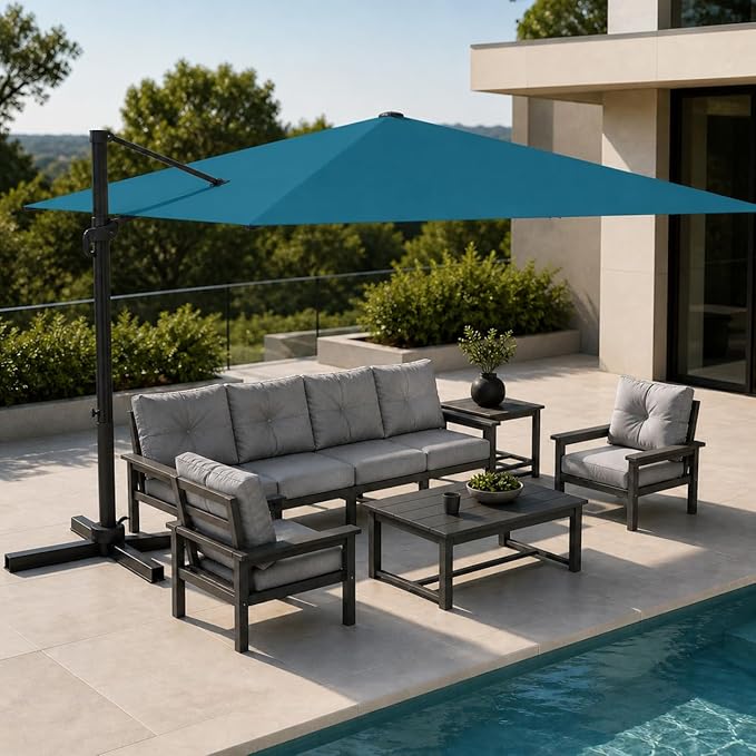 Kingdura 9' X 9' Cantilever Patio Umbrella with Base Included, Large Square Outdoor Offset Umbrella with 360-degree Rotation, 4 Position Tilt, UV Protection for Pool Deck Garden Patio (Lake blue)