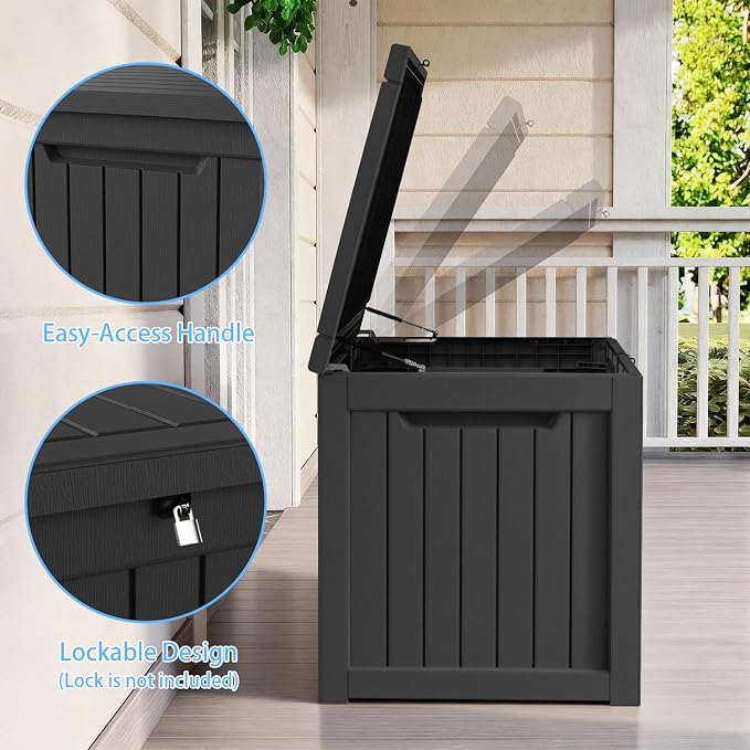 Pepe Tee Waterproof Resin Deck Box, Outdoor Storage Bin for Patio Furniture Cushions, All-Weather Garden Organizer & Seating Bench, Black