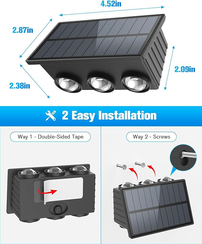 VOLISUN Solar Fence Lights 12 Pack, Color Glow LED Up and Down Wall Lamp, IP65 Waterproof Solar Lights Outdoor for Patio, Backyard, Railing, Deck, Fence and Wall（6 Lenses）
