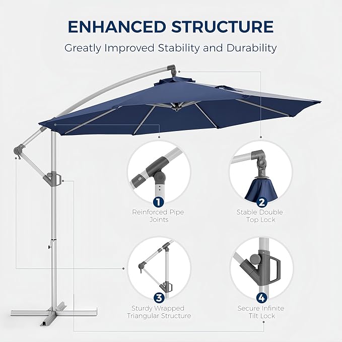 Fangflower 10FT Offset Patio Umbrella, Outdoor Umbrella with 8 Sturdy Ribs, Easy Tilt Adjustment, UPF50+ UV Protection Sun Umbrella for Pool, Porch, Garden, Backyard - Blue