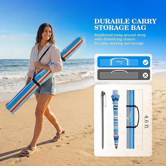 UIRWAY Beach Umbrella, Heavy Duty Windproof Beach Umbrellas with Sand Anchor & Tilt, Sun Protection Portable Beach Umbrella with Carrying Bag for Beach, Patio Garden Pool Outdoor