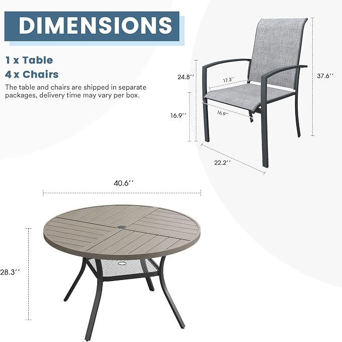 DIFY 5 Pieces Outdoor Dining Set, Metal Patio Table and Chairs Set for 4 with Umbrella Hole, 40.6" Round Dining Table and Textilene Stackable Patio Chairs for Garden Backyard Poolside, Grey Wood-Like