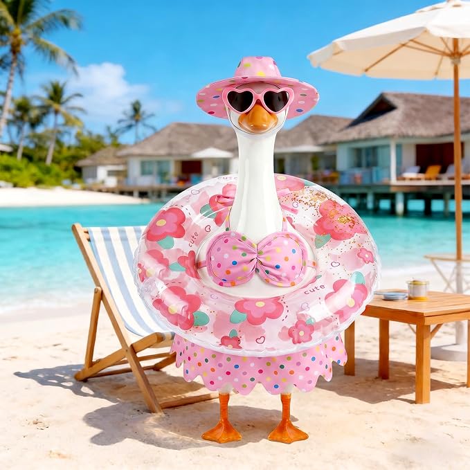 hoyuwak Bikini Goose Outfits Summer Hawaiian Porch Goose Outfits with Swimming Ring Sunglasses Hat for 23" Geese Yard Decor