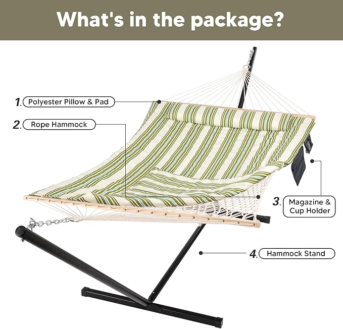 SUNCREAT Cotton Rope Hammock for Two People with Polyester Pad, 12 FT Steel Stand, Heavy Duty Hammock Storage Bag with Zipper