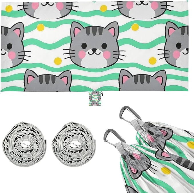 Cute Grey Cat Cartoon 330lb Capacity Camping Hammock with Hanging Rope Backyard Hammock for Indoor Outdoor Patio hamacas para adultos con soporte