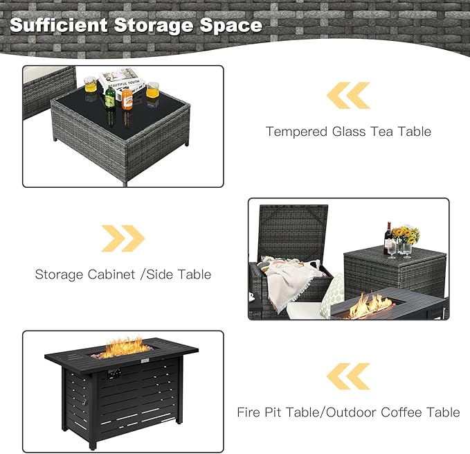Tangkula 9 Pieces Patio Rattan Furniture Set, Patiojoy Sectional Sofa Set w/Storage Box, Coffee Table, Outdoor Wicker Conversation Set w/ 42” ETL Approved Propane Fire Pit Table (White)